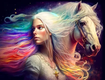 Ethereal Woman With Rainbow Hair And White Horse