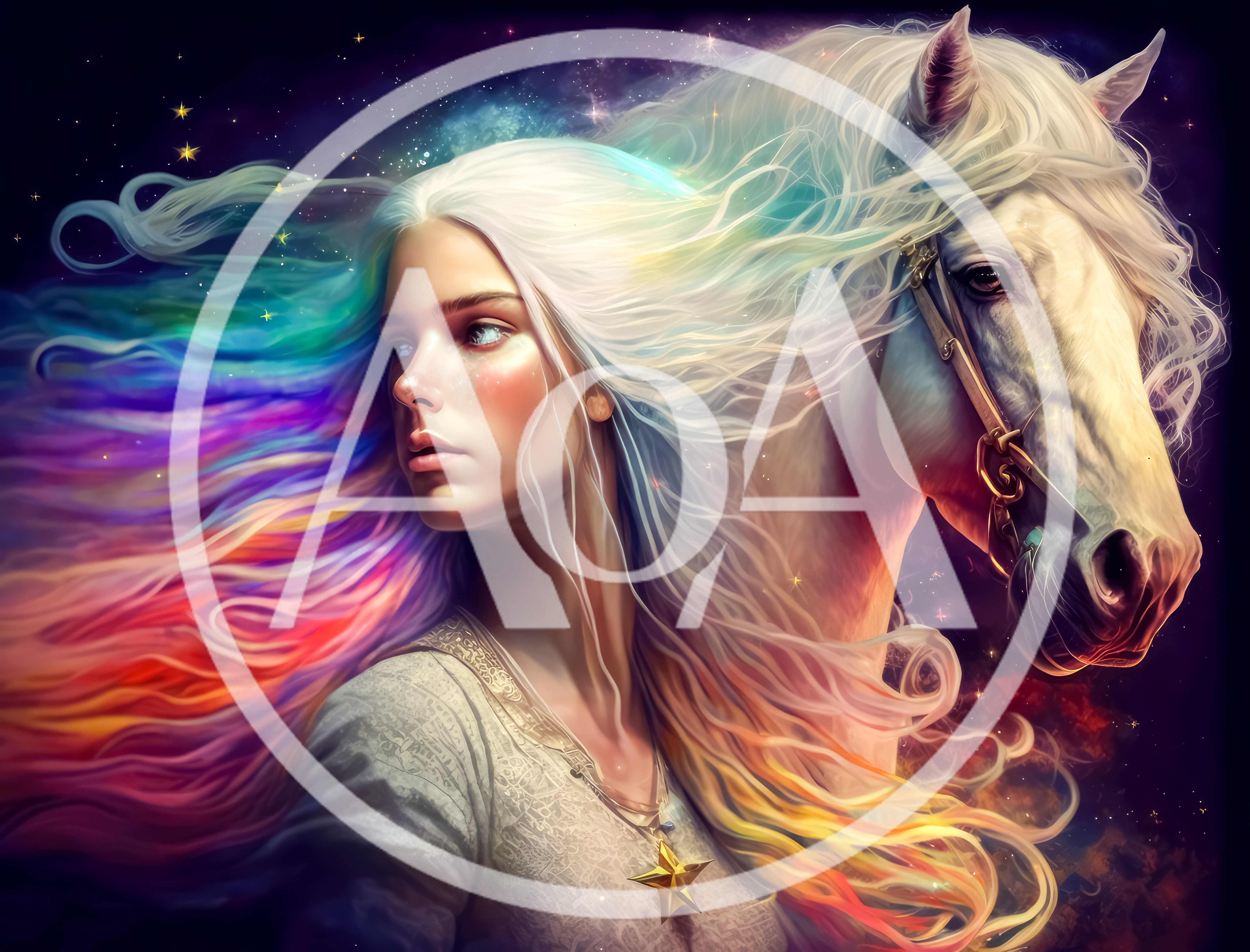 Ethereal Woman With Rainbow Hair And White Horse