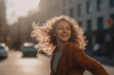 Happy Young Woman With Curly Hair Turning Outdoors