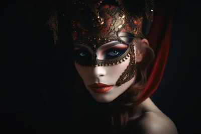 Portrait Of A Woman Wearing An Ornate Venetian Mask