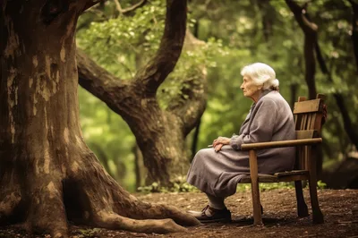 Elderly Woman Sitting Alone on a Park Bench