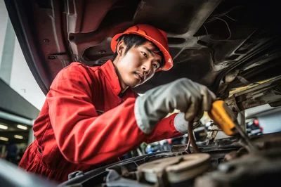 Asian Mechanic Repairing Car Engine In Workshop