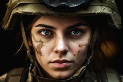 Portrait Of A Young Female Soldier With Camouflage Paint