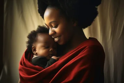 African Mother Holding Her Newborn Baby In Red Wrap