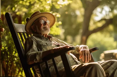 Elderly Man Relaxing In A Rocking Chair Outdoors
