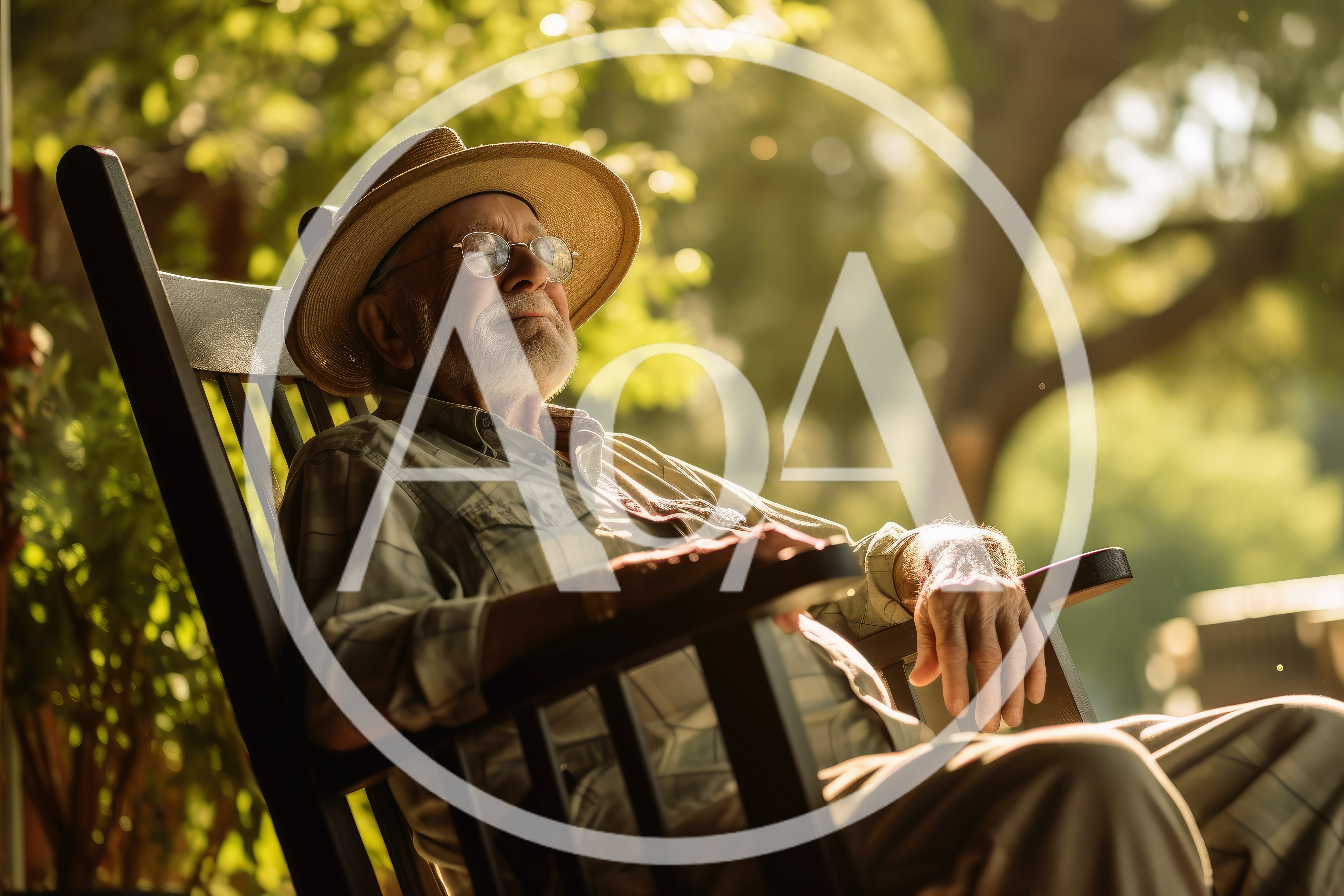 Elderly Man Relaxing In A Rocking Chair Outdoors