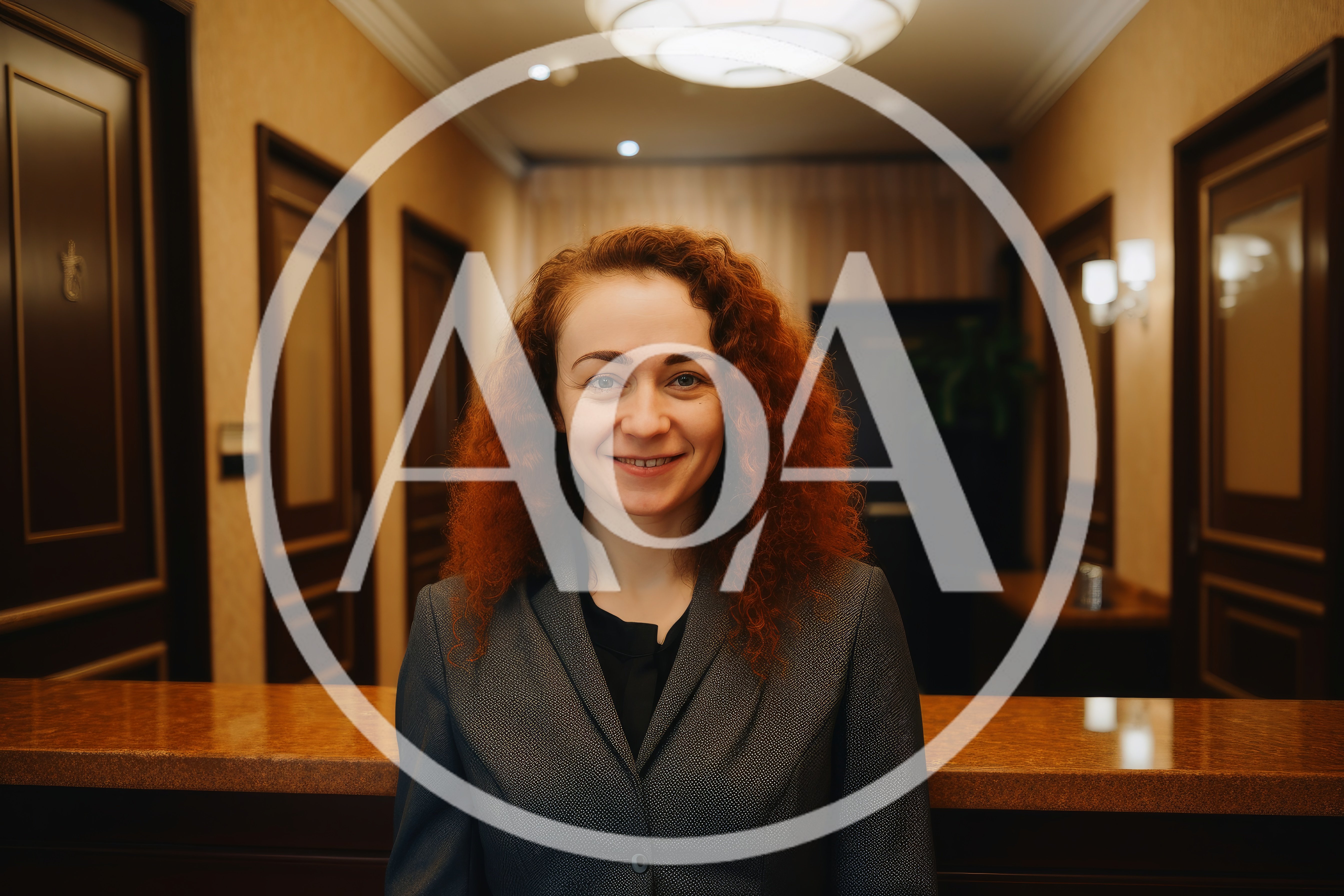 Professional Receptionist Standing Behind Hotel Front Desk