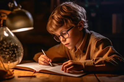 Young Boy Studying With A Desk Lamp