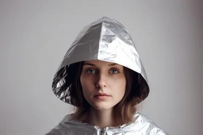 Young Woman Wearing A Futuristic Metallic Silver Hood