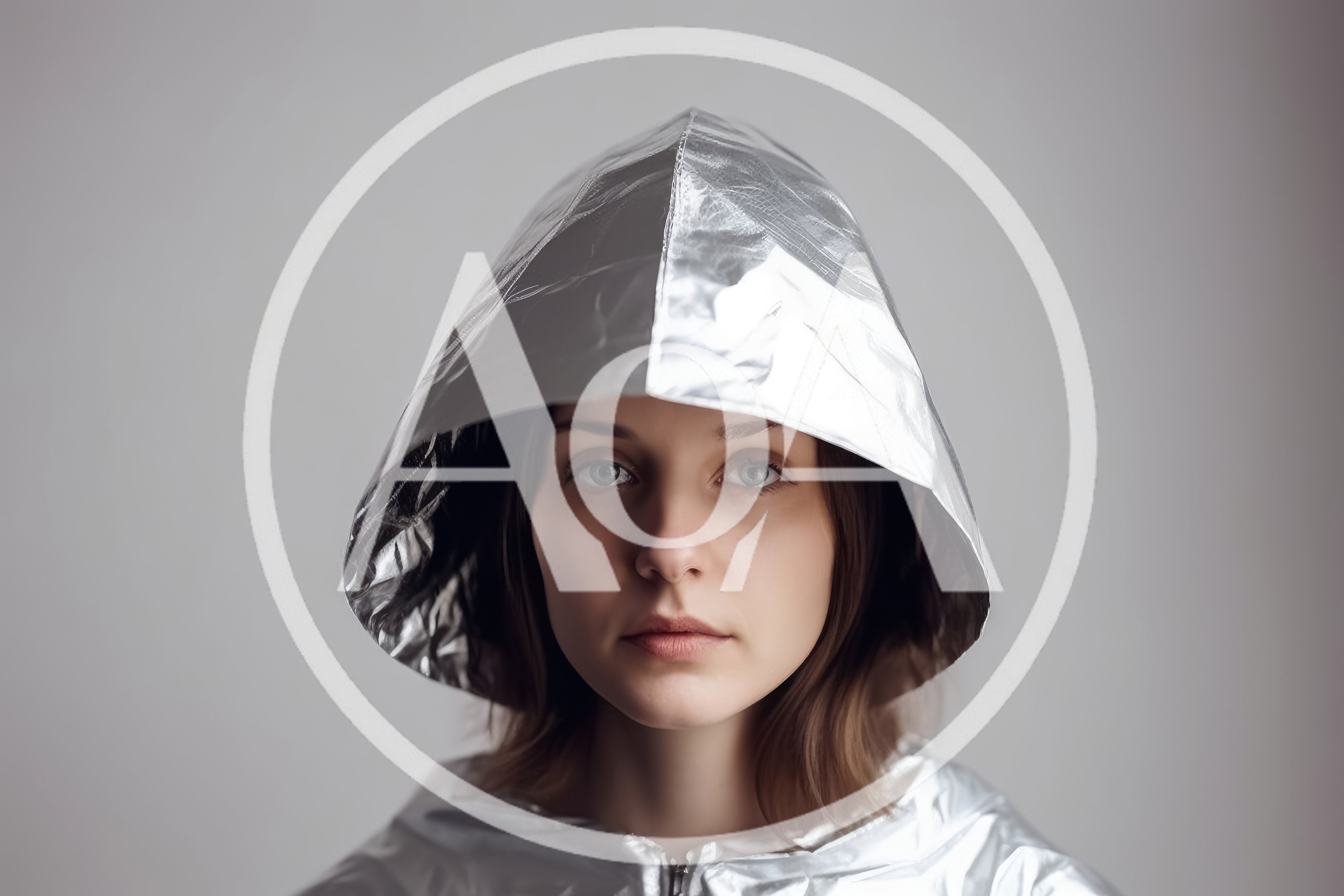 Young Woman Wearing A Futuristic Metallic Silver Hood