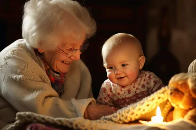 Elderly Woman And Baby Playing With Candlelight