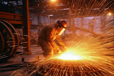 Industrial Metal Worker Grinding Steel With Sparks