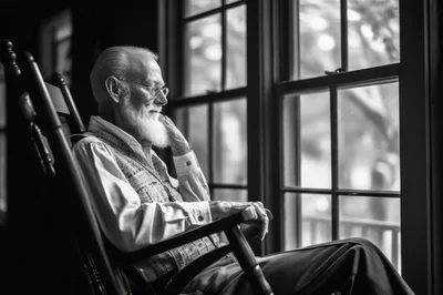 Elderly Man Sitting In A Rocking Chair By Window