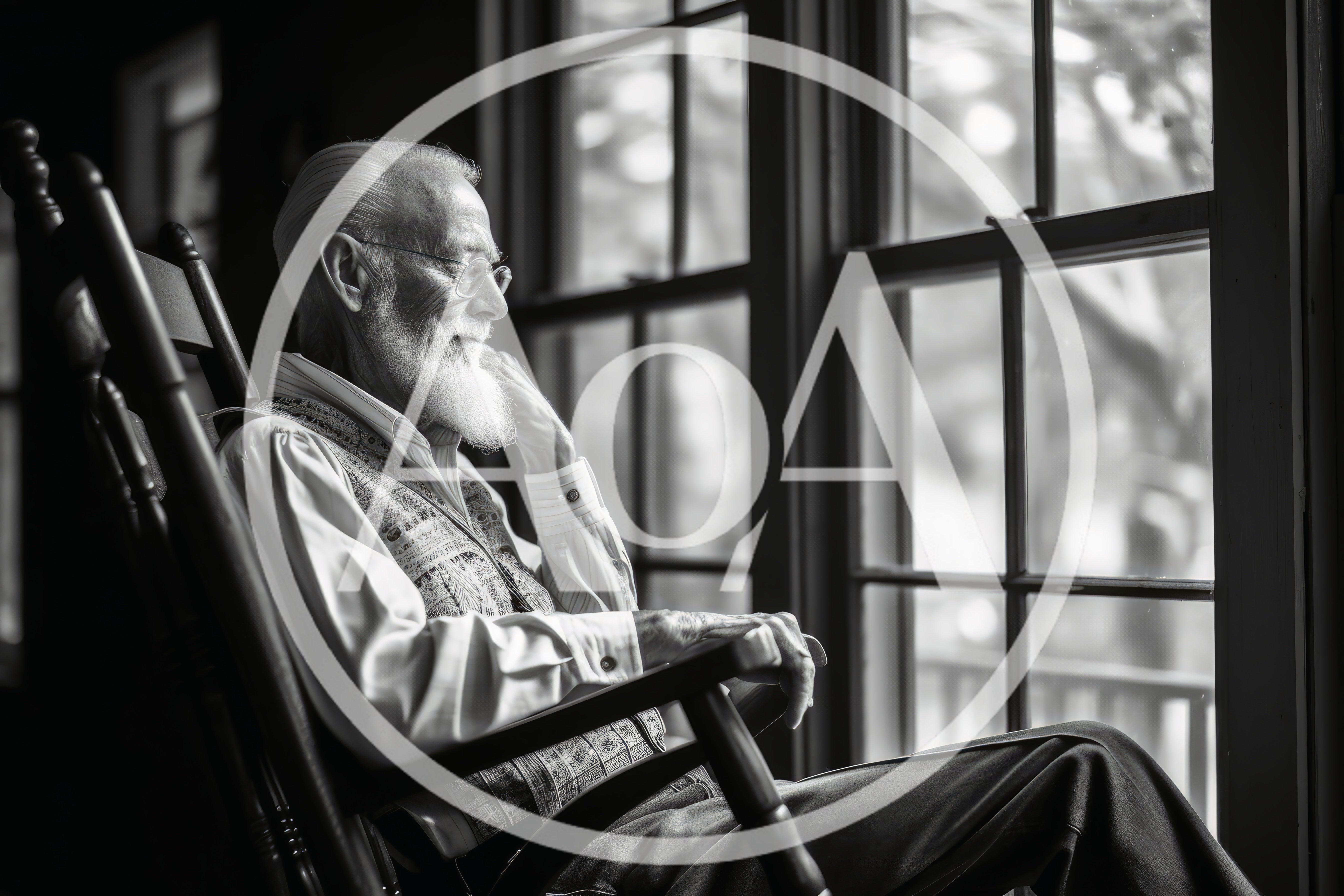 Elderly Man Sitting In A Rocking Chair By Window