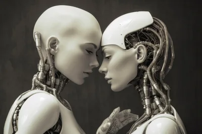 Two Futuristic Androids Touching Foreheads In Intimate Connection