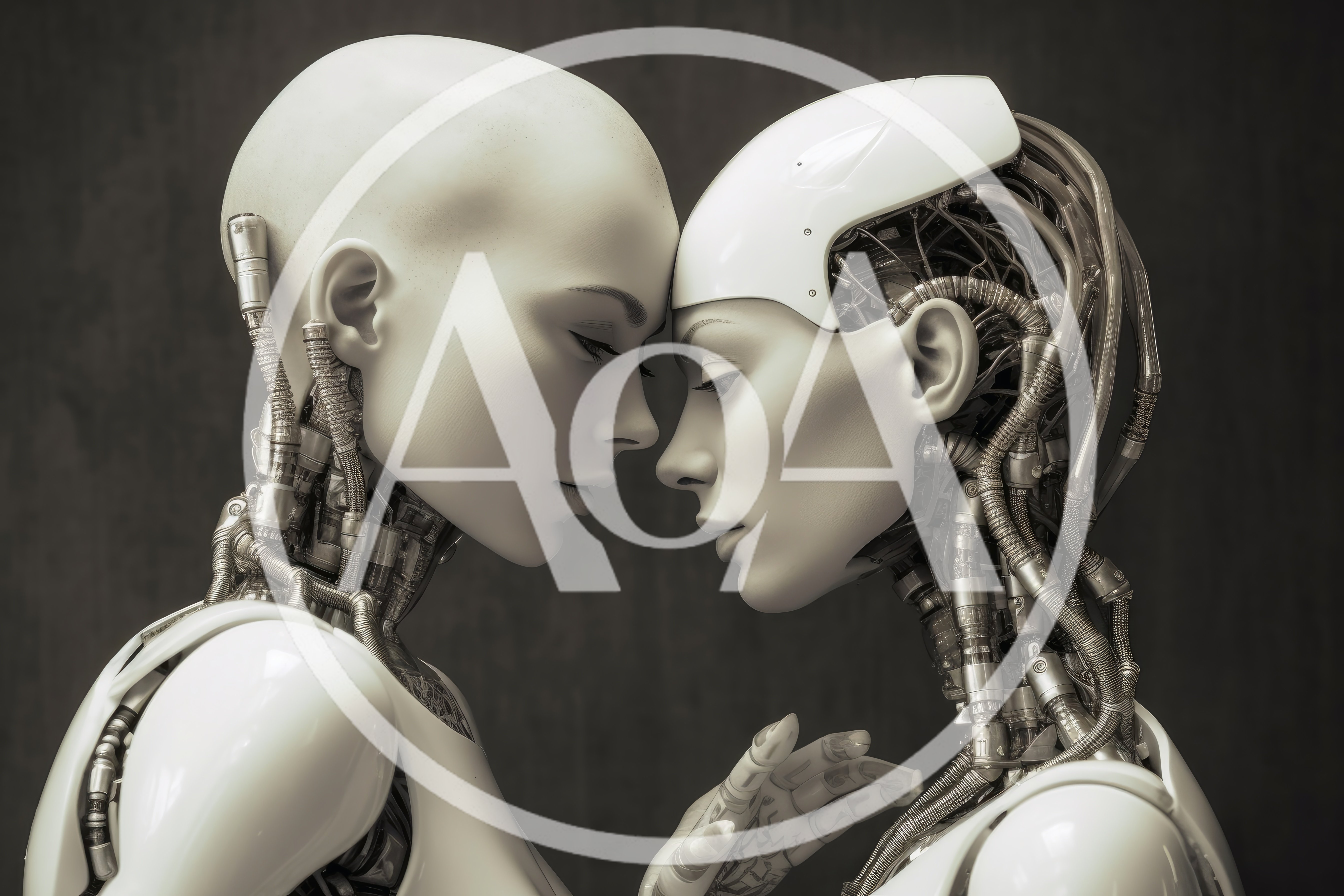 Two Futuristic Androids Touching Foreheads In Intimate Connection