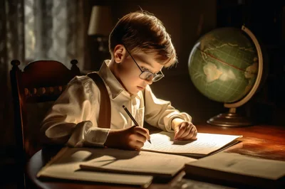 Young Boy Studying With Globe In Dimly Lit Room