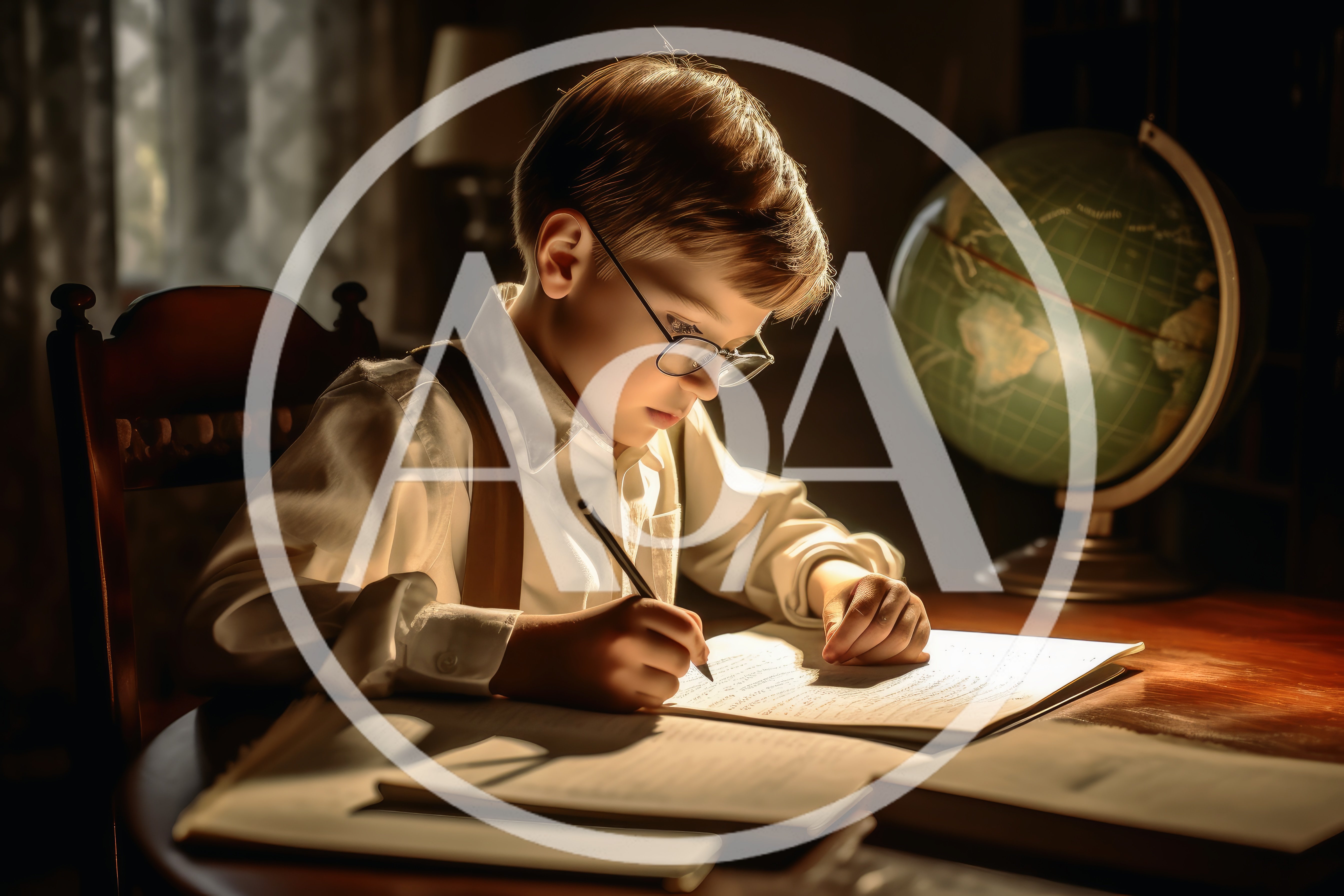 Young Boy Studying With Globe In Dimly Lit Room