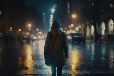 Person Standing Alone on Rainy City Street at Night
