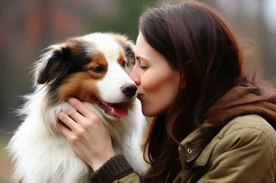 Young Woman Kissing Her Australian Shepherd Dog
