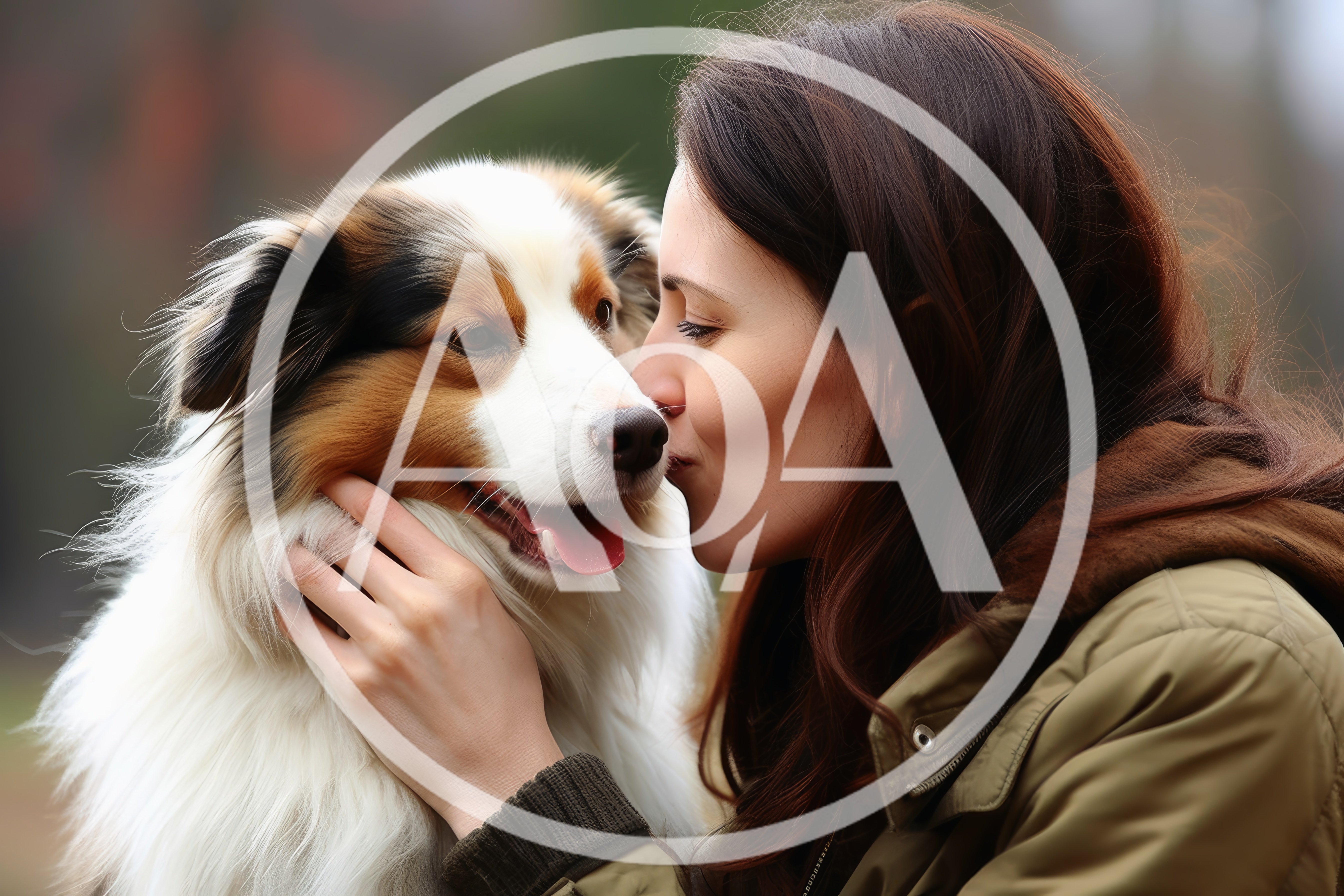 Young Woman Kissing Her Australian Shepherd Dog
