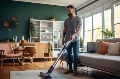 Man Vacuuming Living Room Carpet