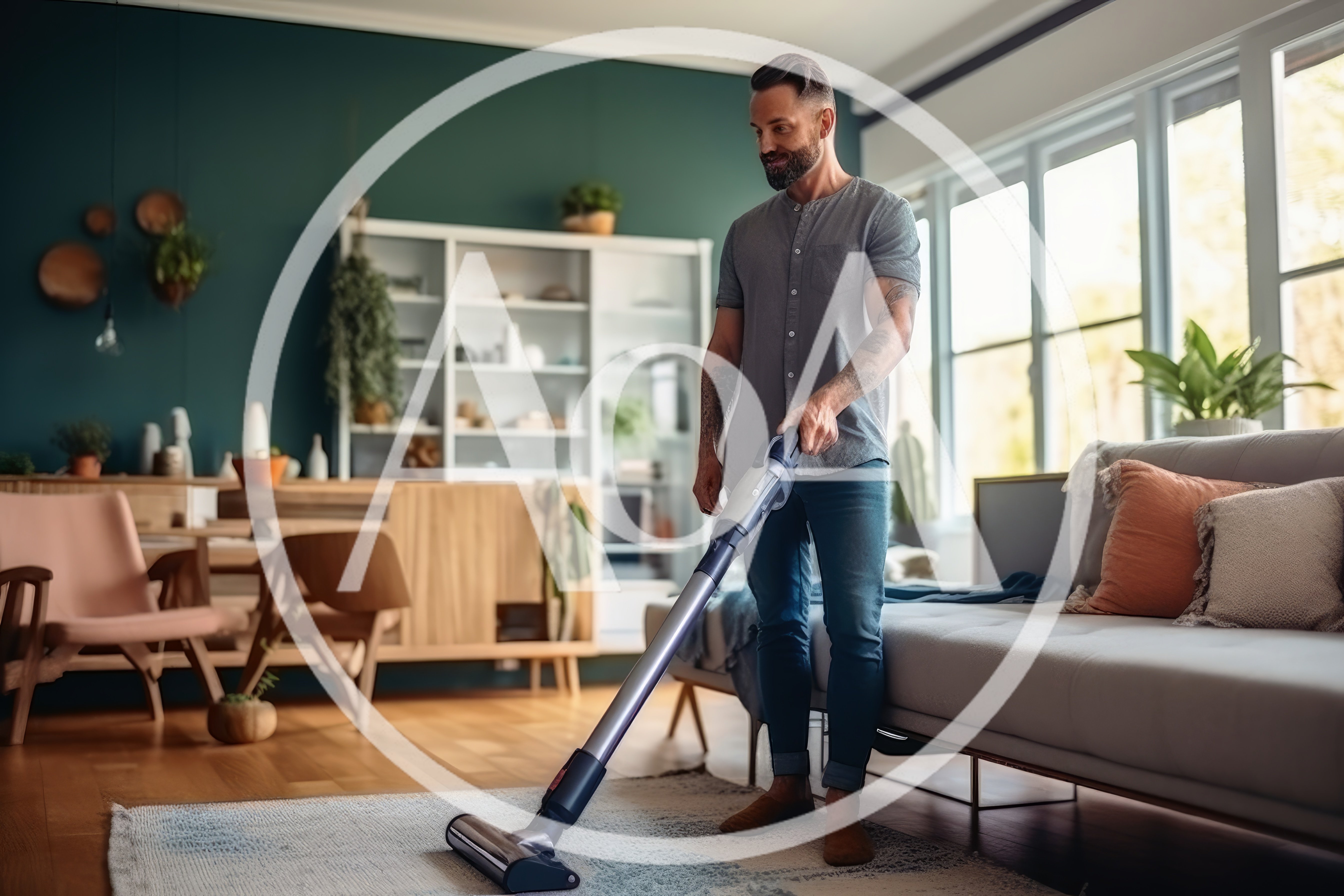 Man Vacuuming Living Room Carpet