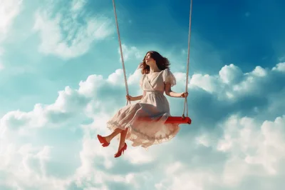 Woman In Vintage Dress Swinging Against Blue Sky
