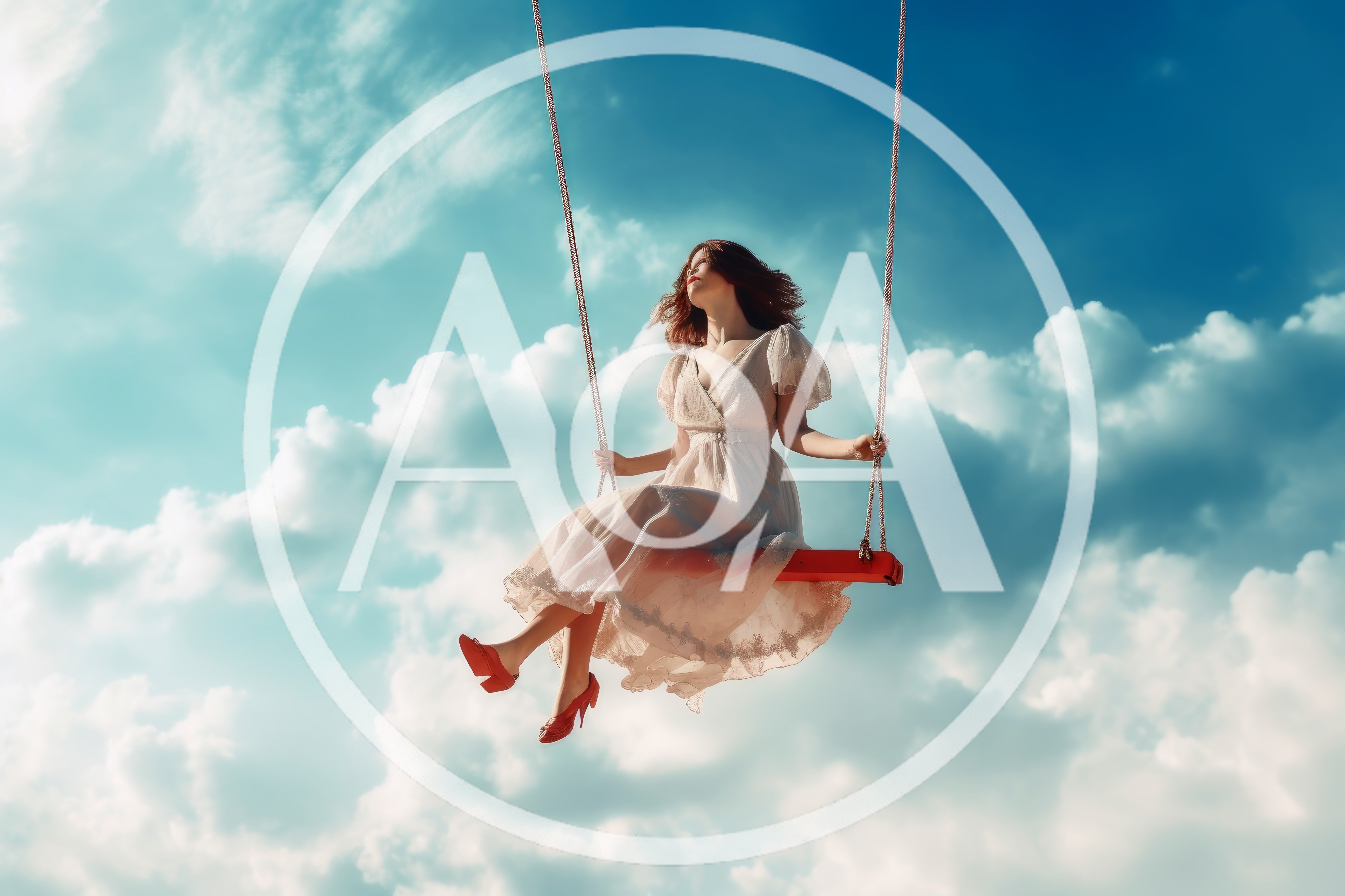 Woman In Vintage Dress Swinging Against Blue Sky