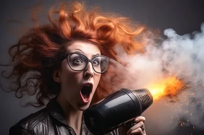 Shocked Woman With Exploding Hair Dryer
