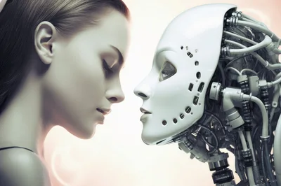 Human Woman Facing A Futuristic Android Robot Head
