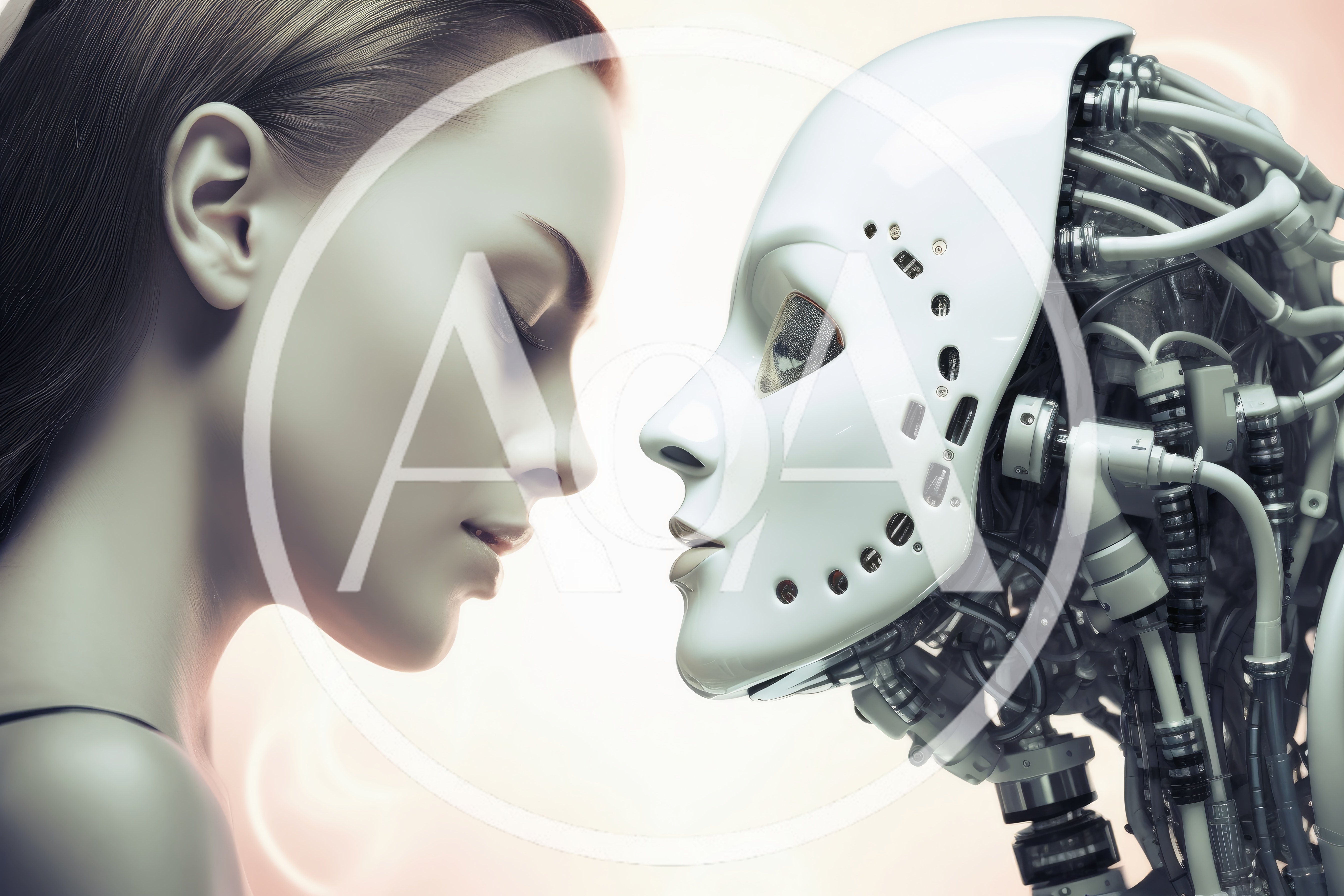 Human Woman Facing A Futuristic Android Robot Head