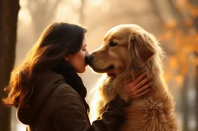 Woman Affectionately Nuzzling Her Golden Retriever Outdoors