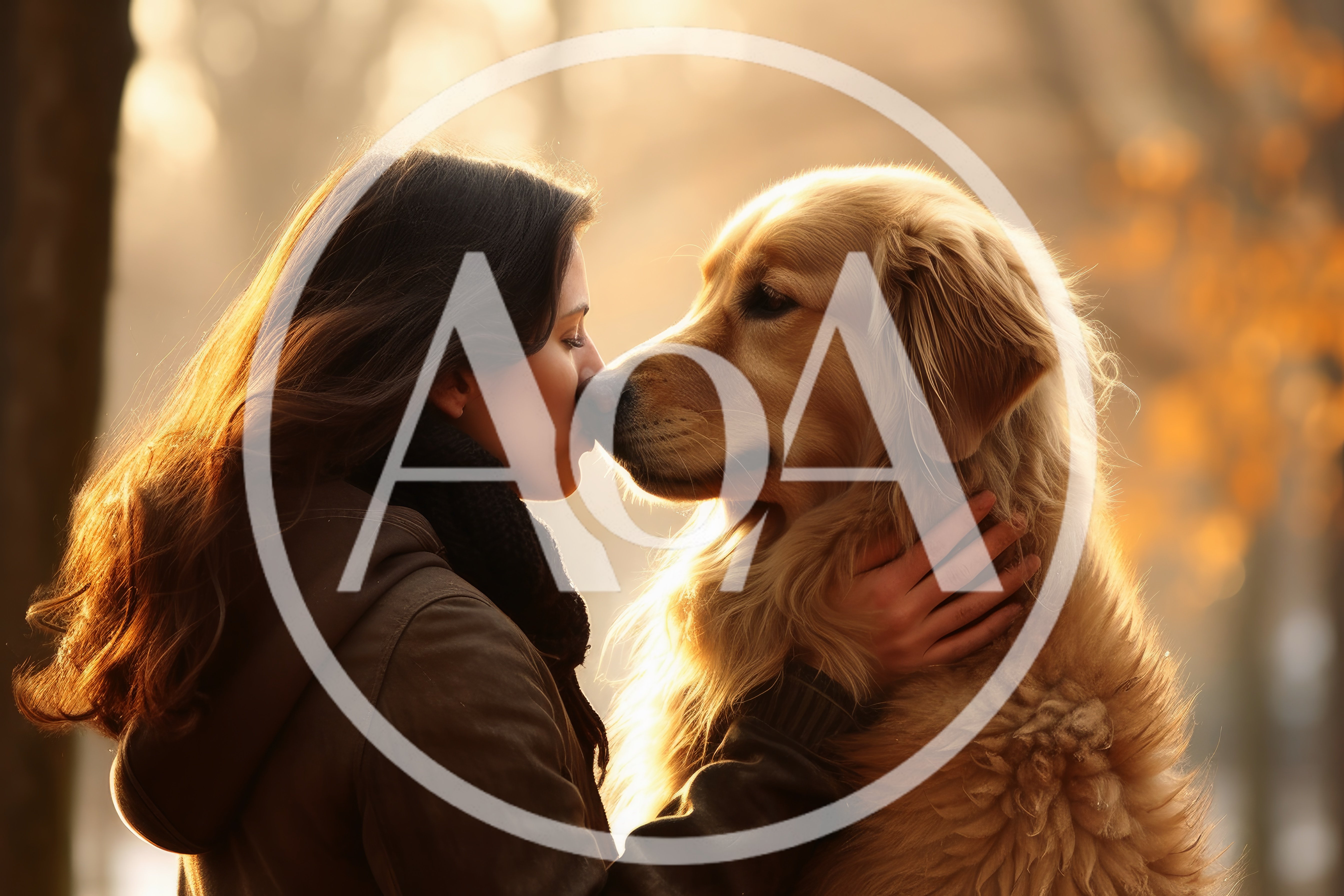 Woman Affectionately Nuzzling Her Golden Retriever Outdoors