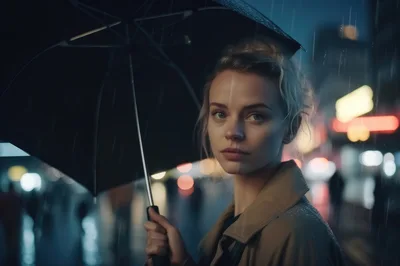 Young Woman Holding Umbrella In Rainy City Night
