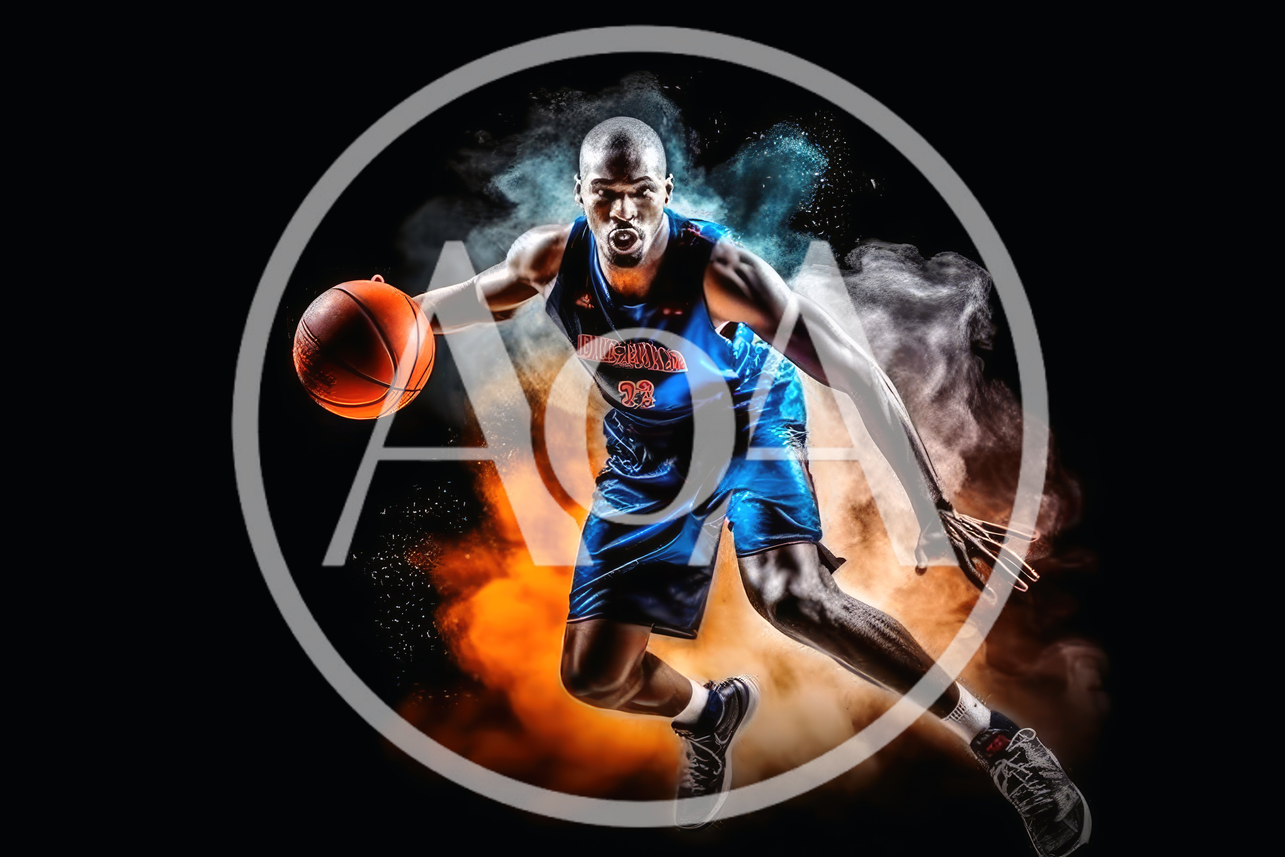 Basketball Player Dribbling With Dynamic Powder Explosion