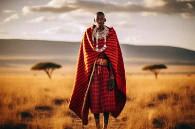 Maasai Warrior Standing In The African Savannah