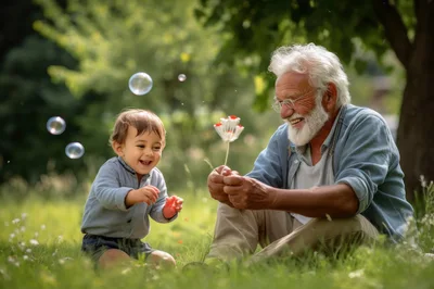 Grandfather and Toddler Playing with Bubbles in Park