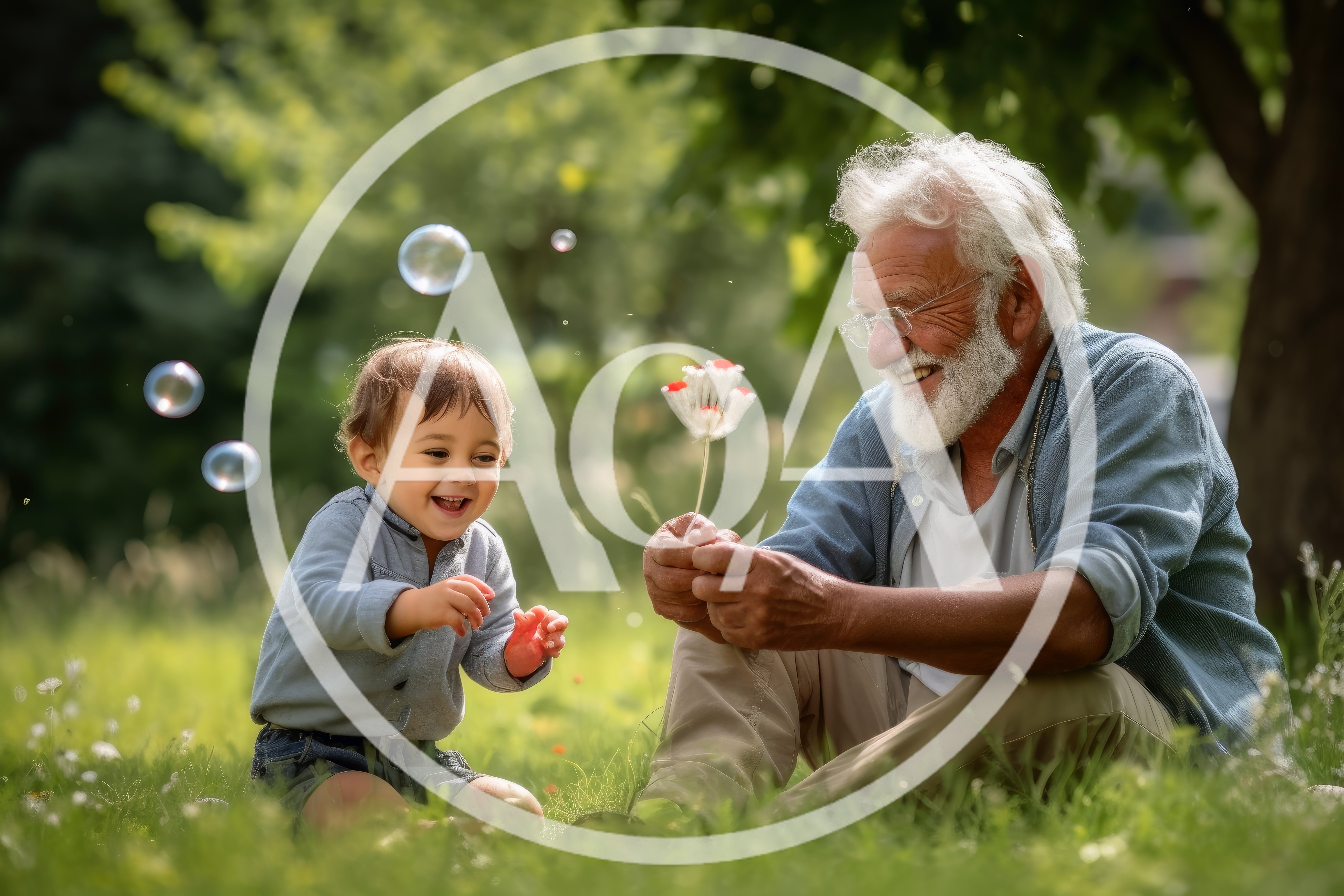 Grandfather and Toddler Playing with Bubbles in Park