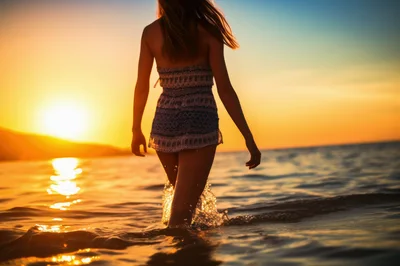 Woman Walking Through Ocean Waves At Sunset