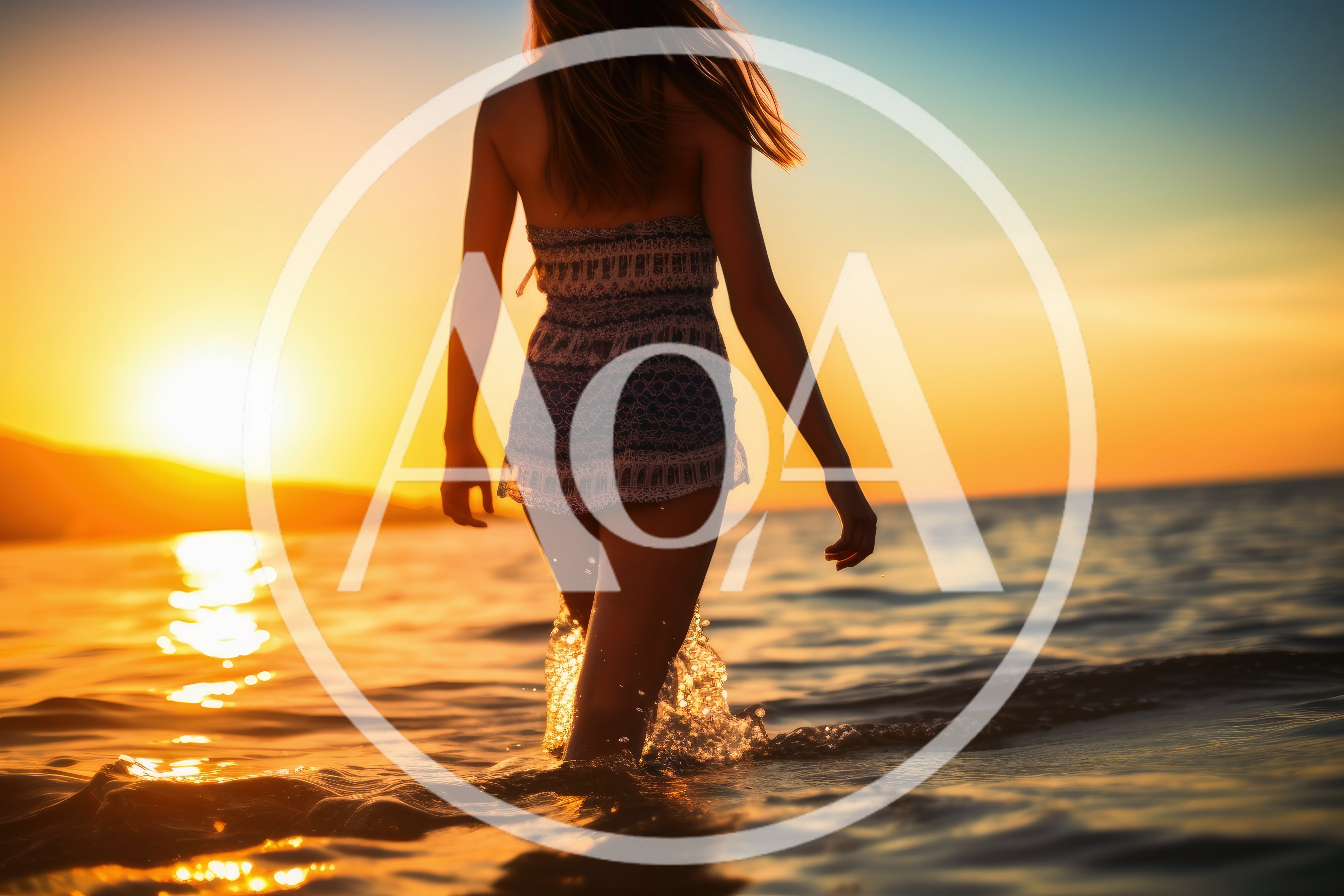 Woman Walking Through Ocean Waves At Sunset