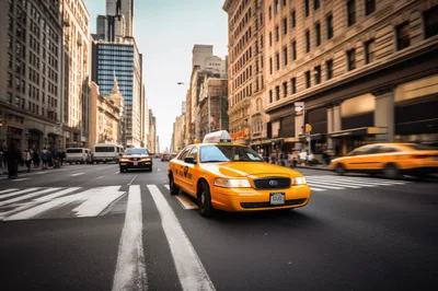 Yellow Taxi Cab Driving Through Busy New York City