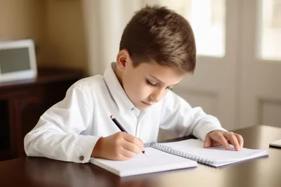 Young Boy Writing In A Spiral Notebook