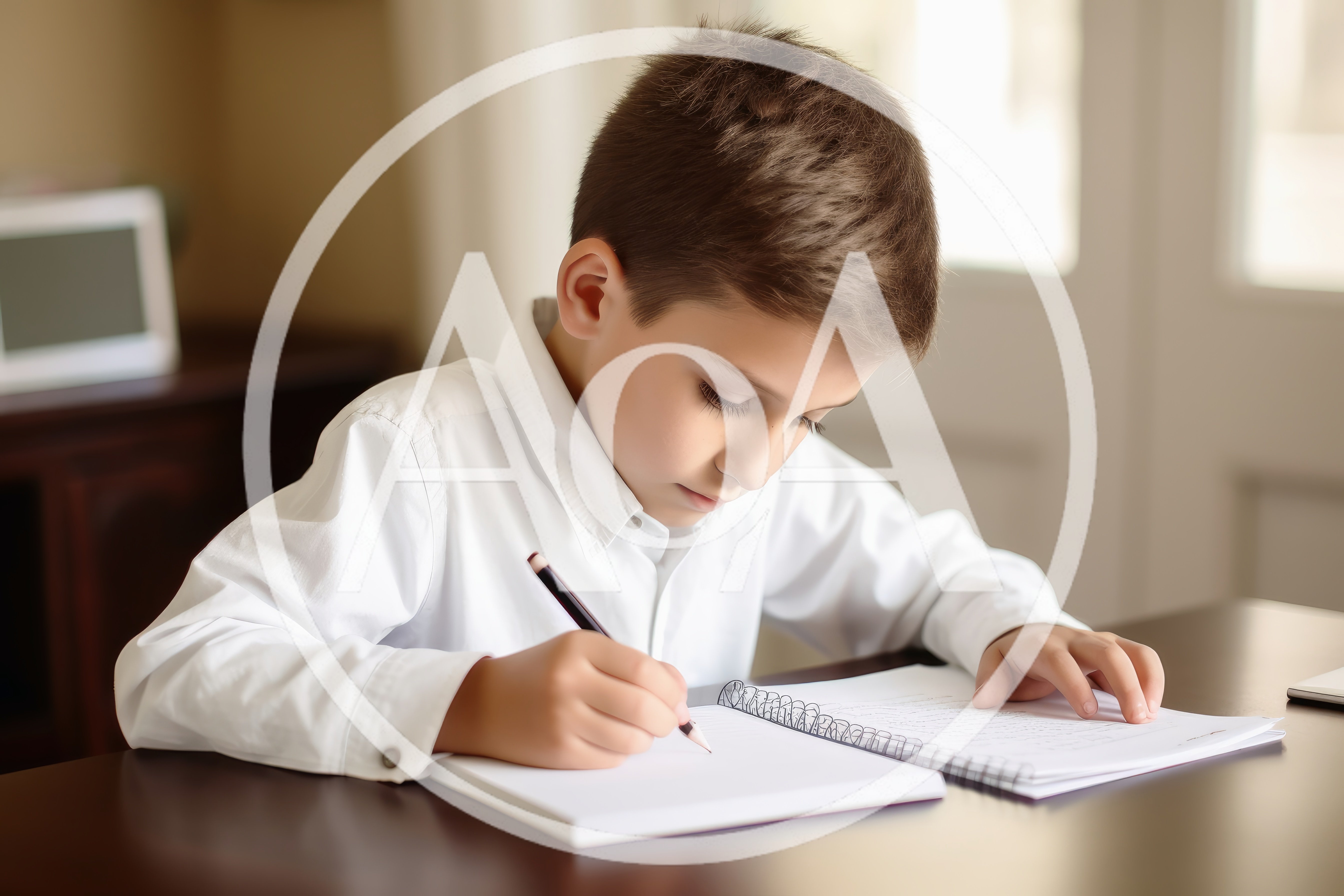 Young Boy Writing In A Spiral Notebook
