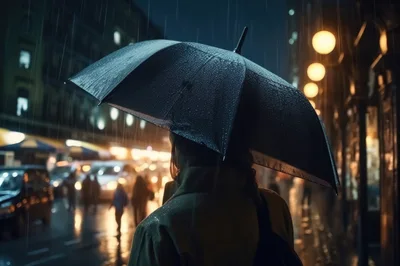 Person Walking Under Umbrella In Rainy City Night