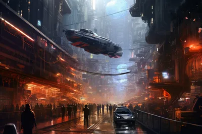 Futuristic Cyberpunk City Street With Flying Vehicle