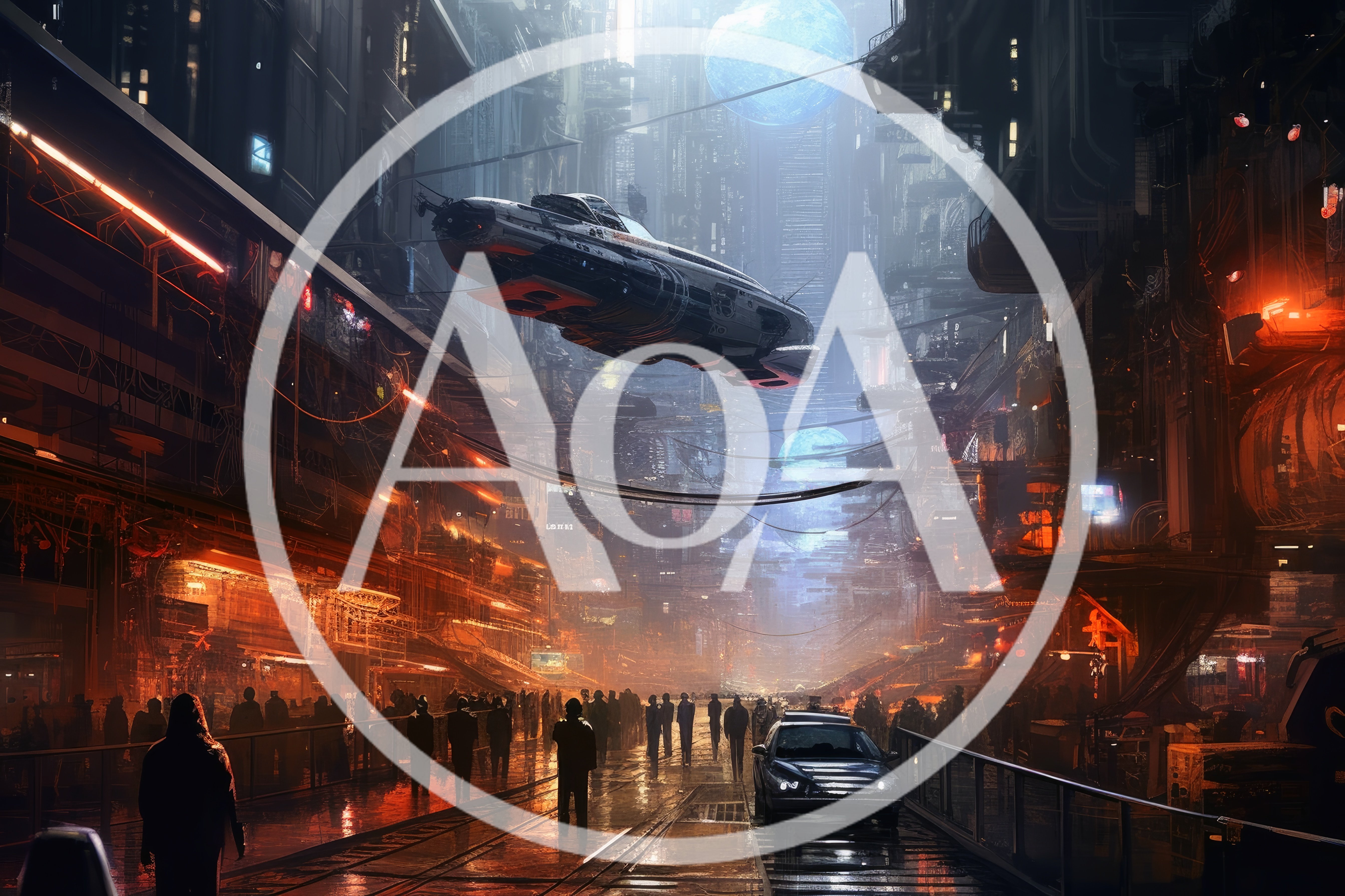 Futuristic Cyberpunk City Street With Flying Vehicle