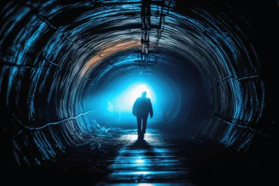 Silhouette Of A Person Walking Through A Dark Tunnel