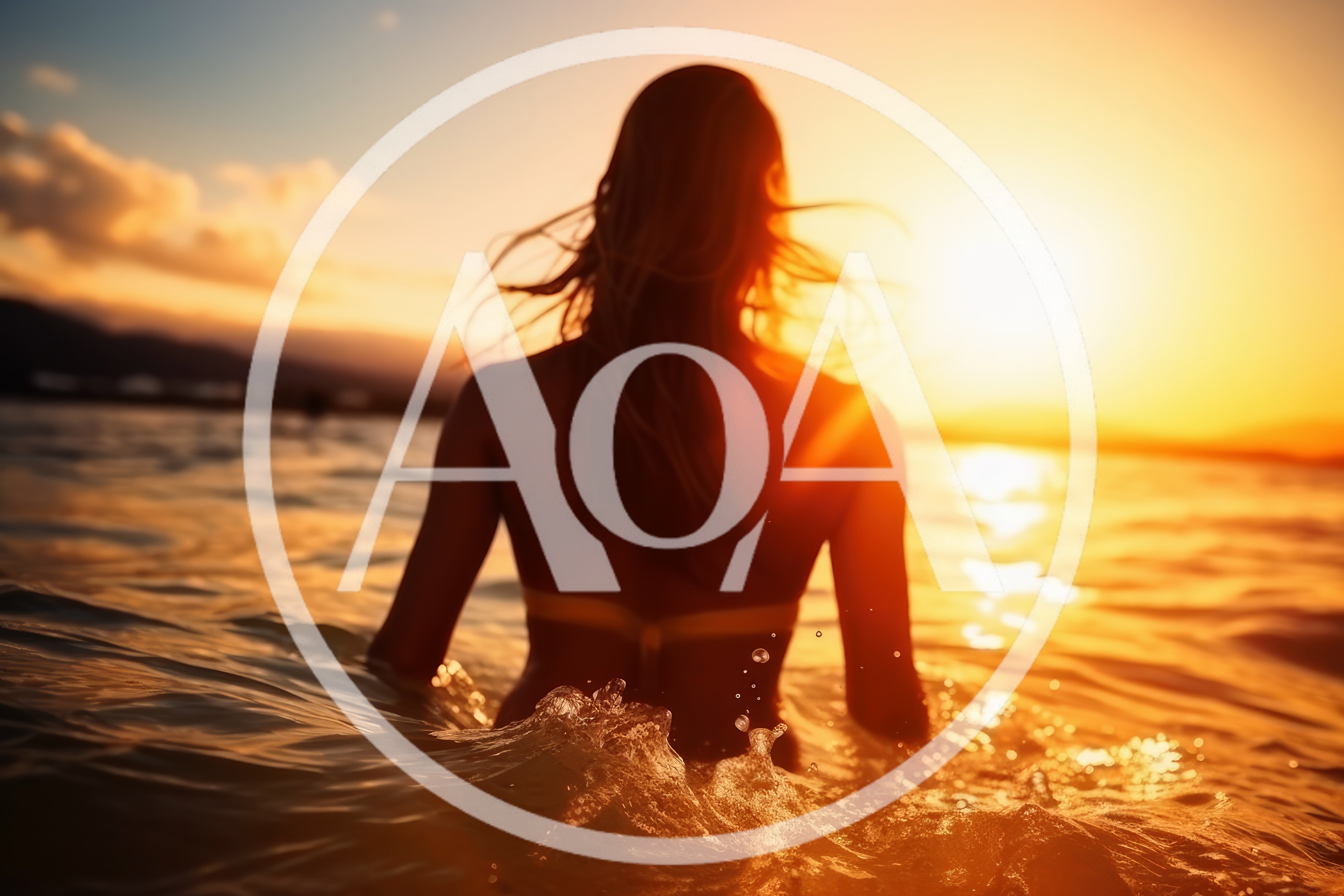 Woman Standing In Ocean At Sunset