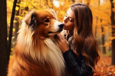 Young Woman Affectionately Nuzzling Her Large Fluffy Dog
